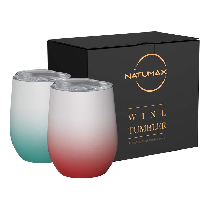 NATUMAX كؤوس ناتومكس المعزولة للنبيذ مع غطاء، 12 أونصة، كؤوس نبيذ من الفولاذ المقاوم للصدأ بدون ساق، كوب سفر مزدوج الجدار معزول للقهوة، المشروبات، الشمبانيا، المشروبات، مجموعة من 2 - Image 1